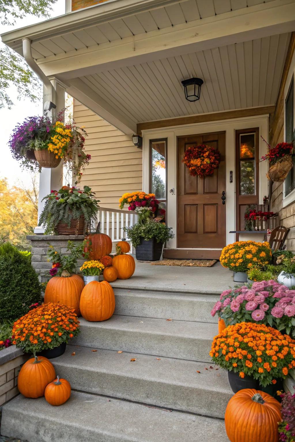 An organized blend of gourds and blossoms creates an amazing autumn display.