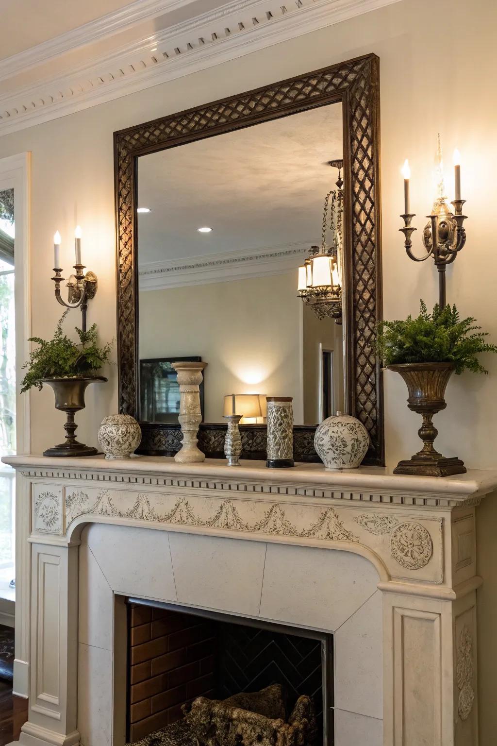 A fall mantel with a looking-glass adding dimension and illumination.