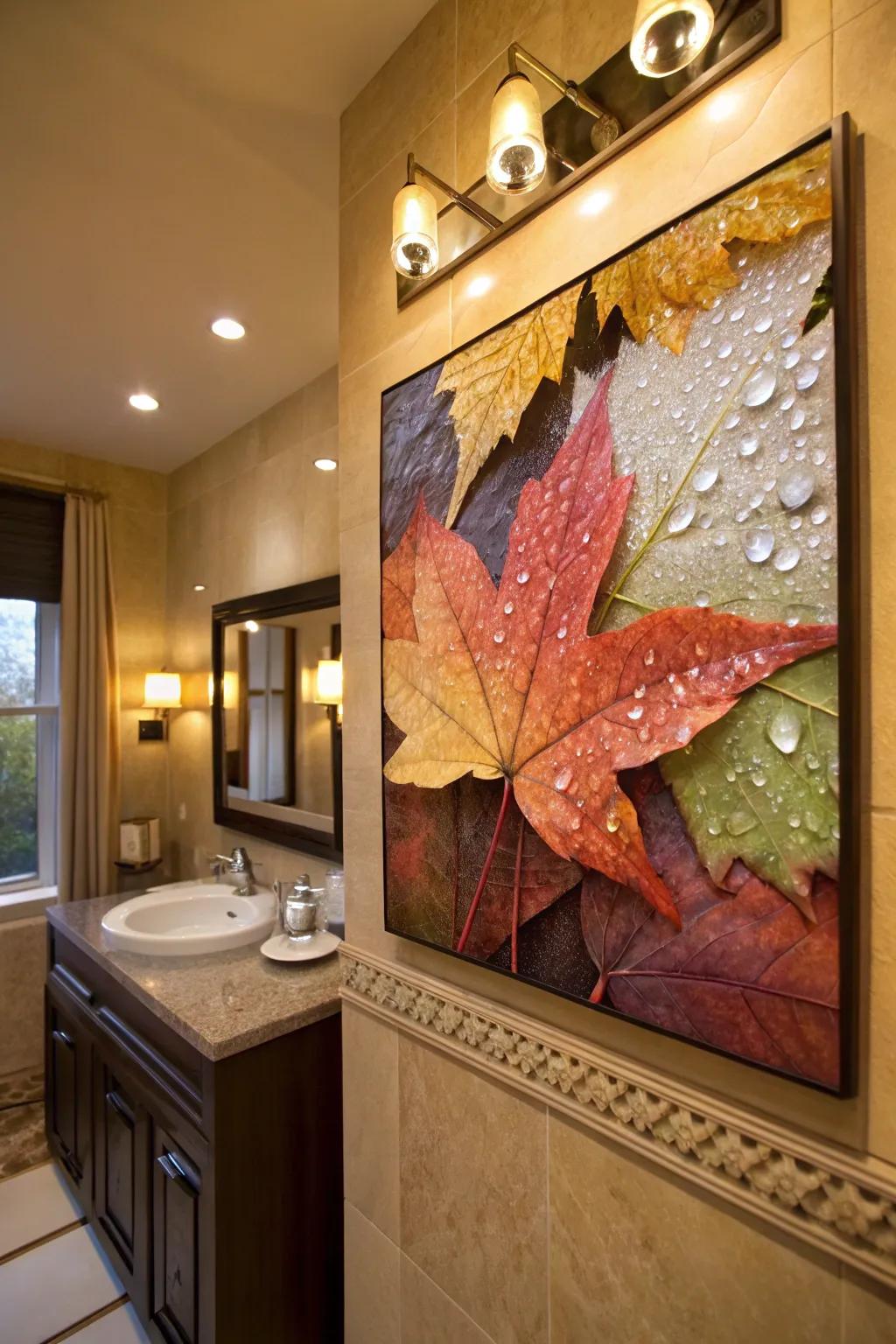 Morning moisture on leaves adds subtle beauty to fall decor.
