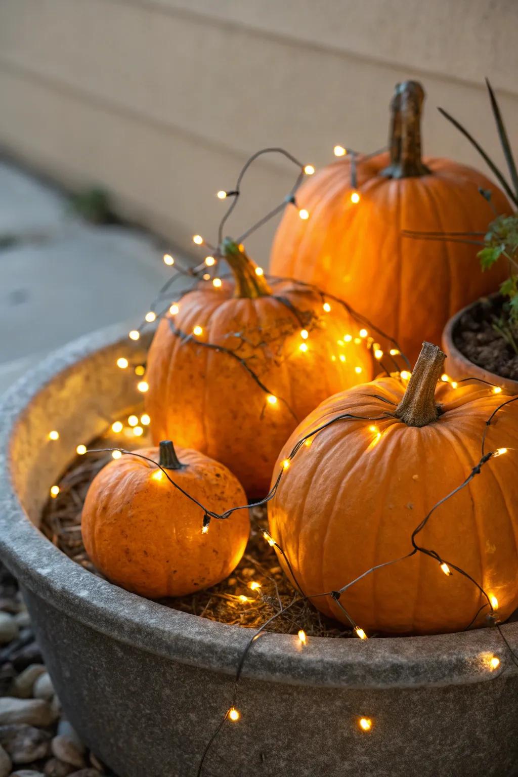 Fairy illumination introduces a hint of magic to gourd containers.