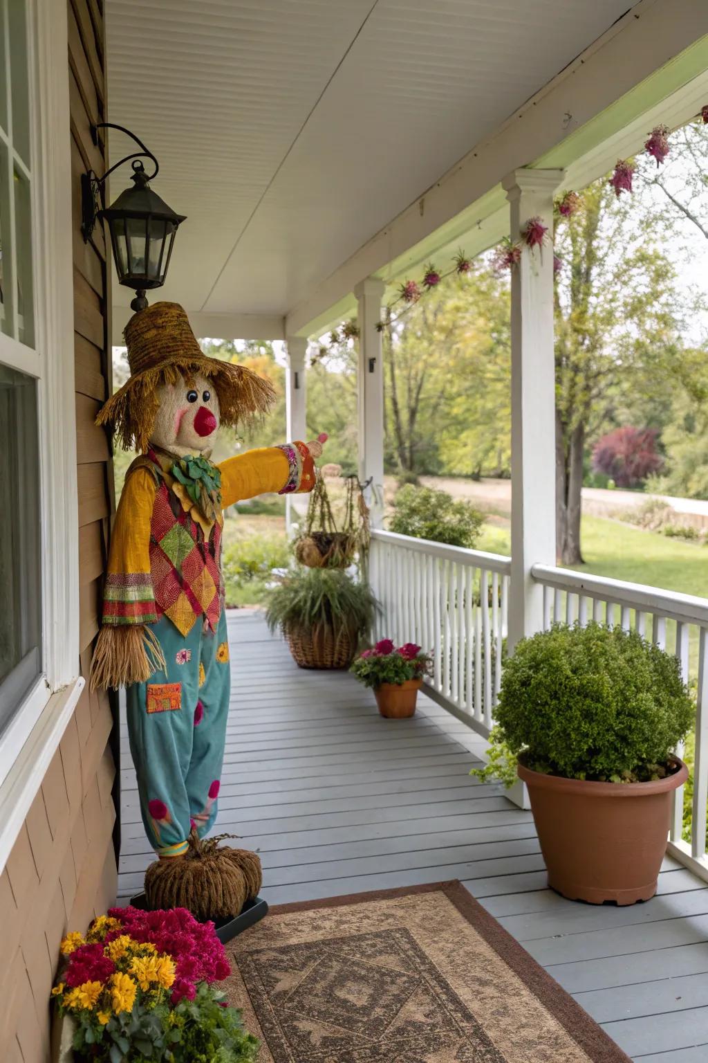 A whimsical figurine adds a playful and unexpected focal point to your porch.