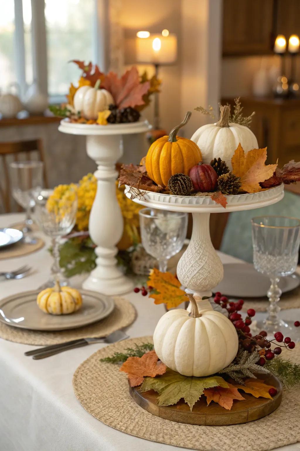 Layered elevations add dimension to your fall centerpiece.