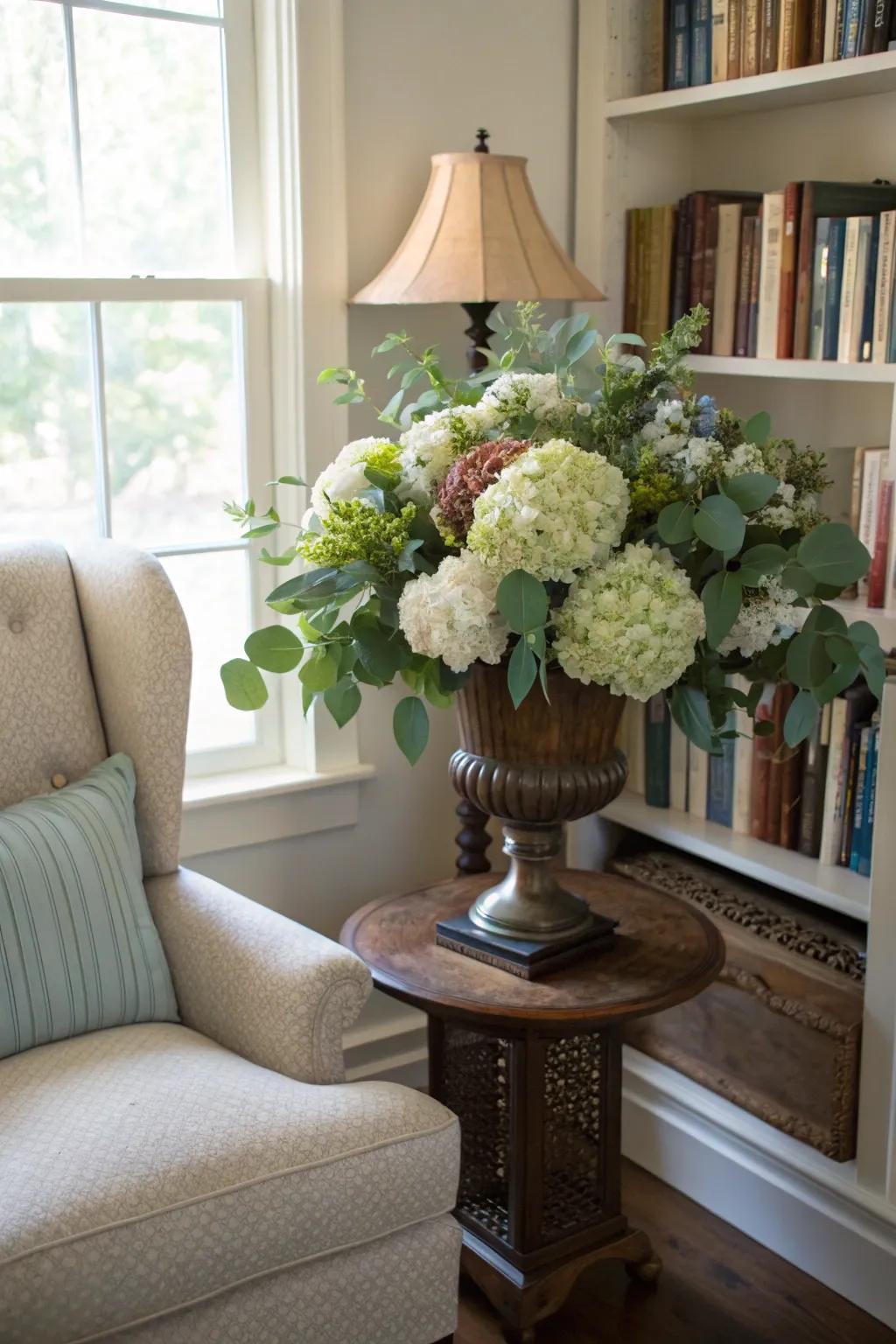 Relaxing snowball flowers and silver drop in an autumnal urn.