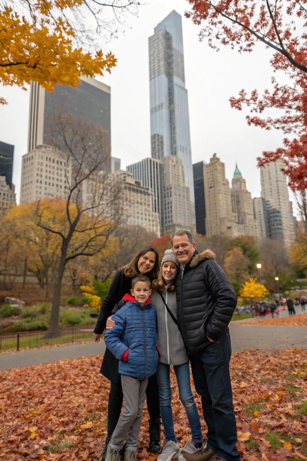 An urban park presents a dynamic mix of city and nature for seasonal family images.