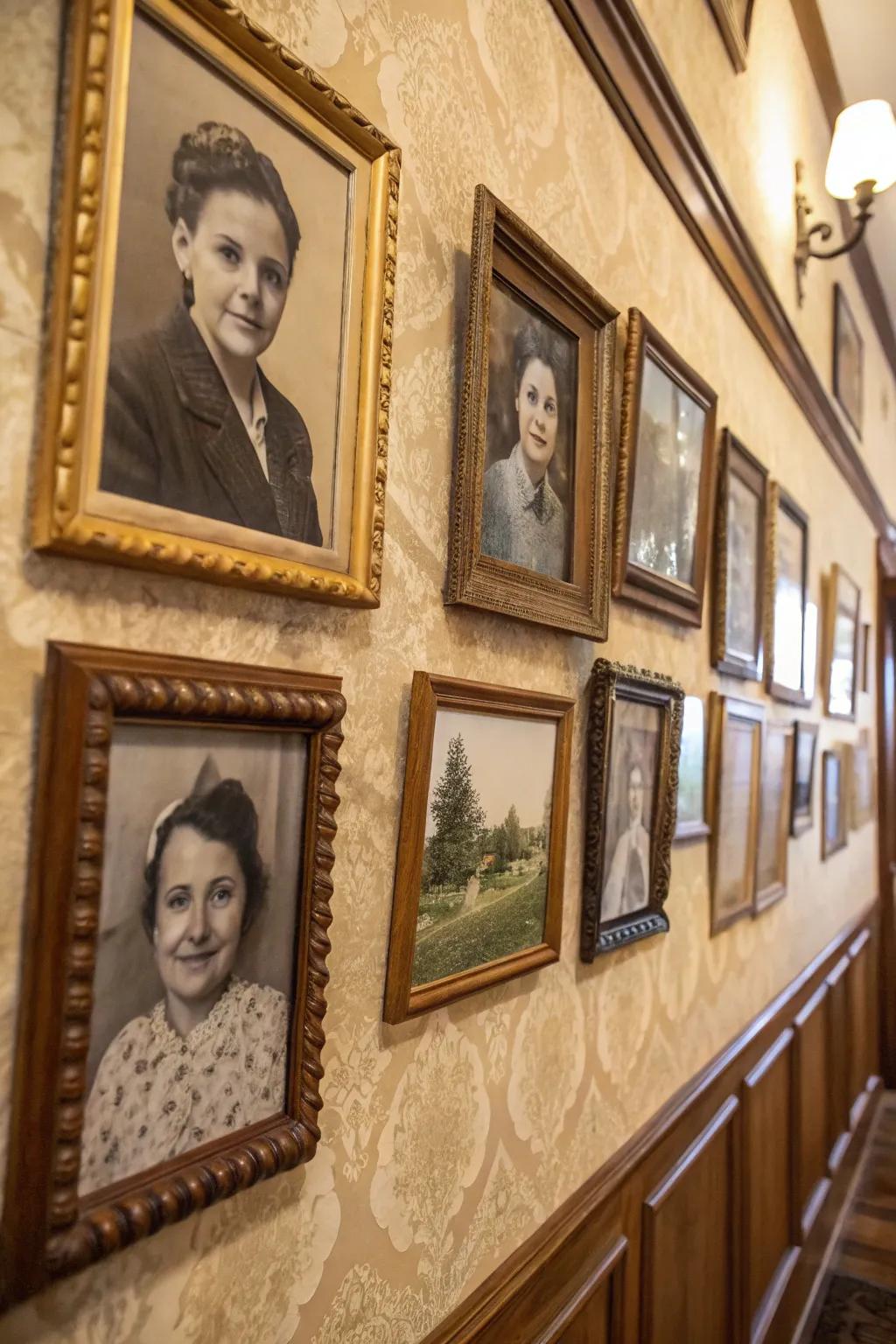 A vintage family wall with antique frames, adding elegance and nostalgia.