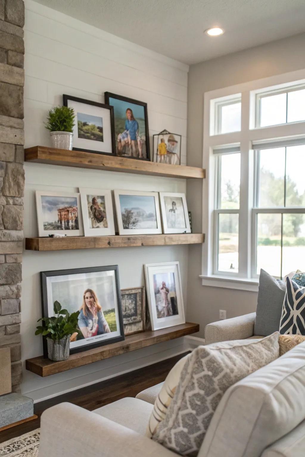 Adaptable family displays presented on photo ledges.