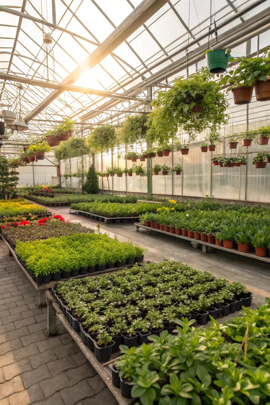 A bustling glass house, ideal for nurturing plants year-round.