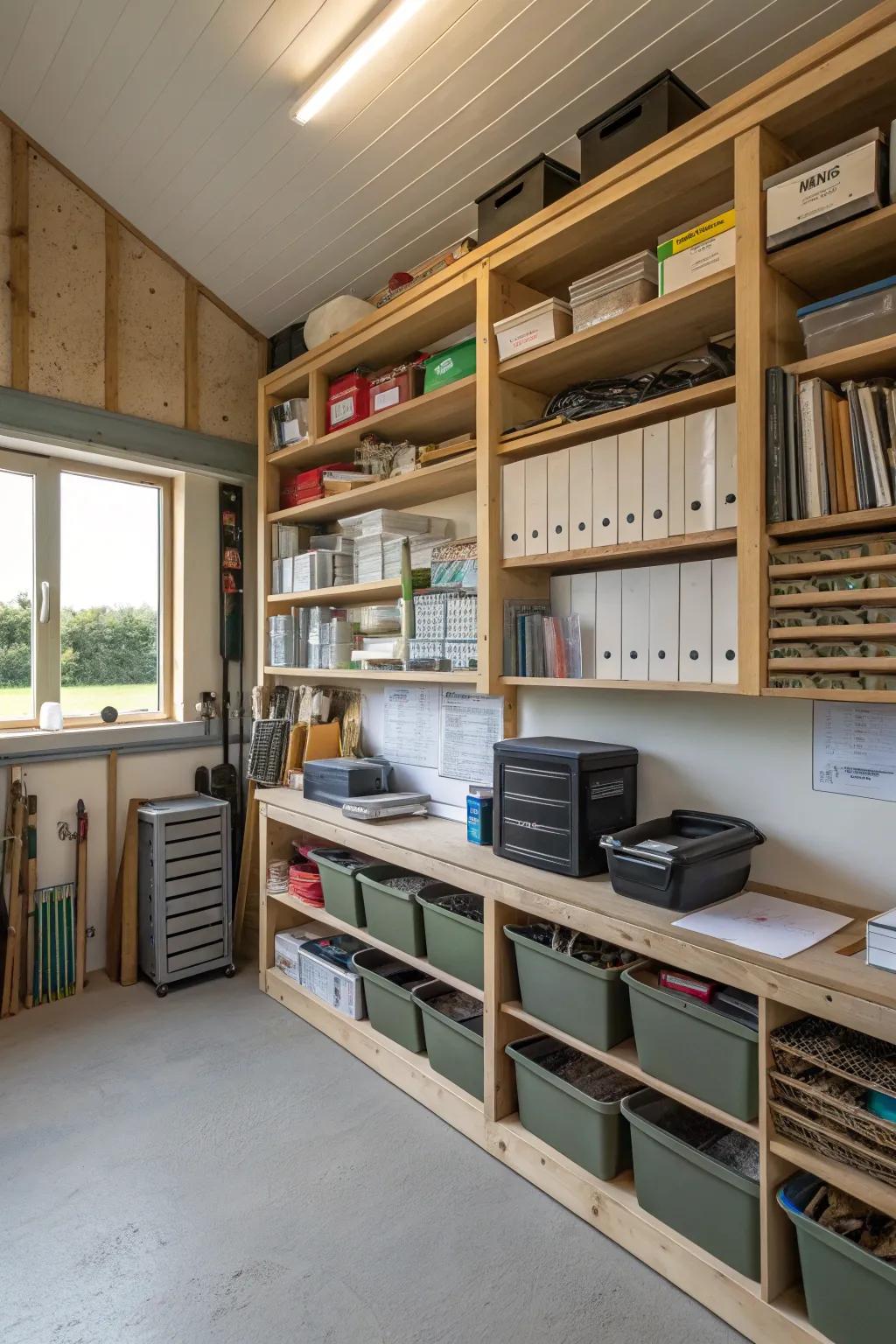 Perpendicular space amplified through wall-mounted storage.