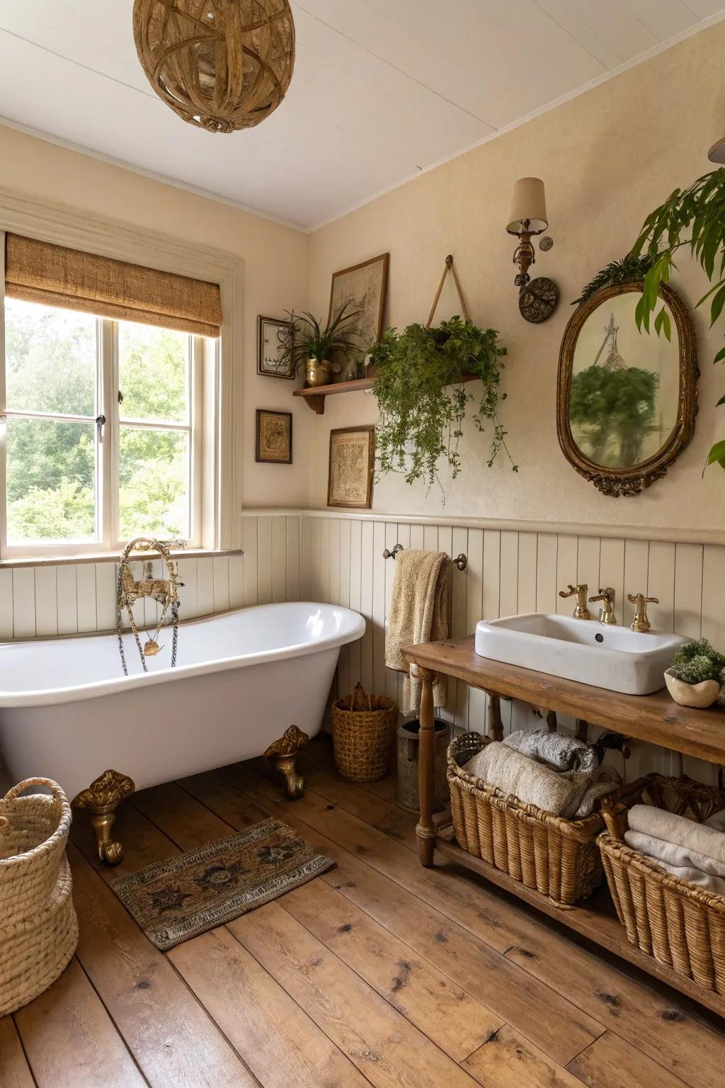 A country bathroom gains a sophisticated contrast from metal accents.