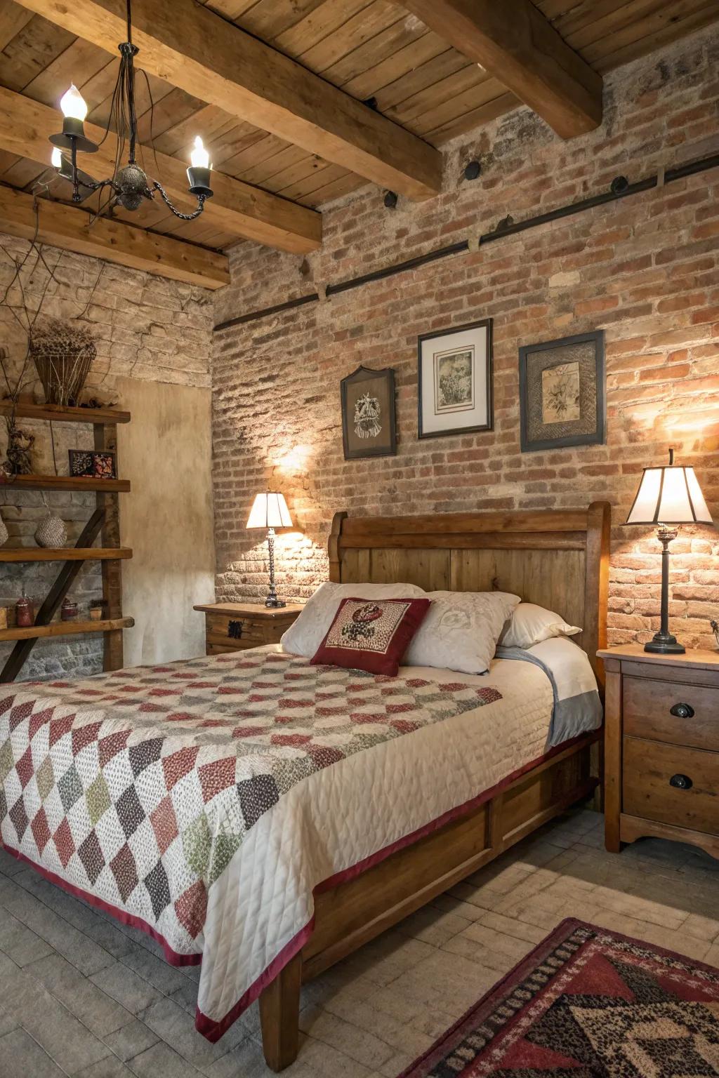 Uncovered brick adds texture and coziness to the bedroom.
