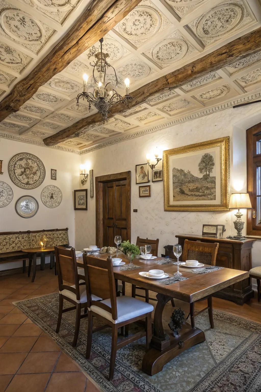 Ceiling rosettes add elegance and sophistication to this farmhouse dining area.