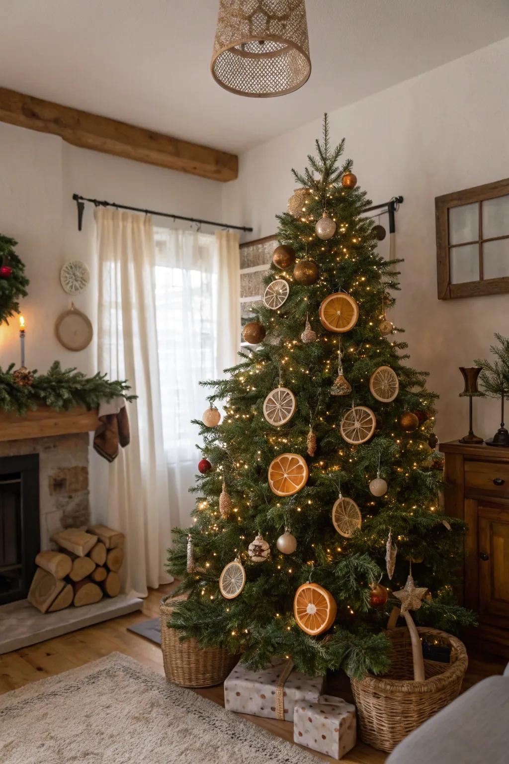 Dried citrus adornments introduce a nature-inspired and fragrant touch to this tree.