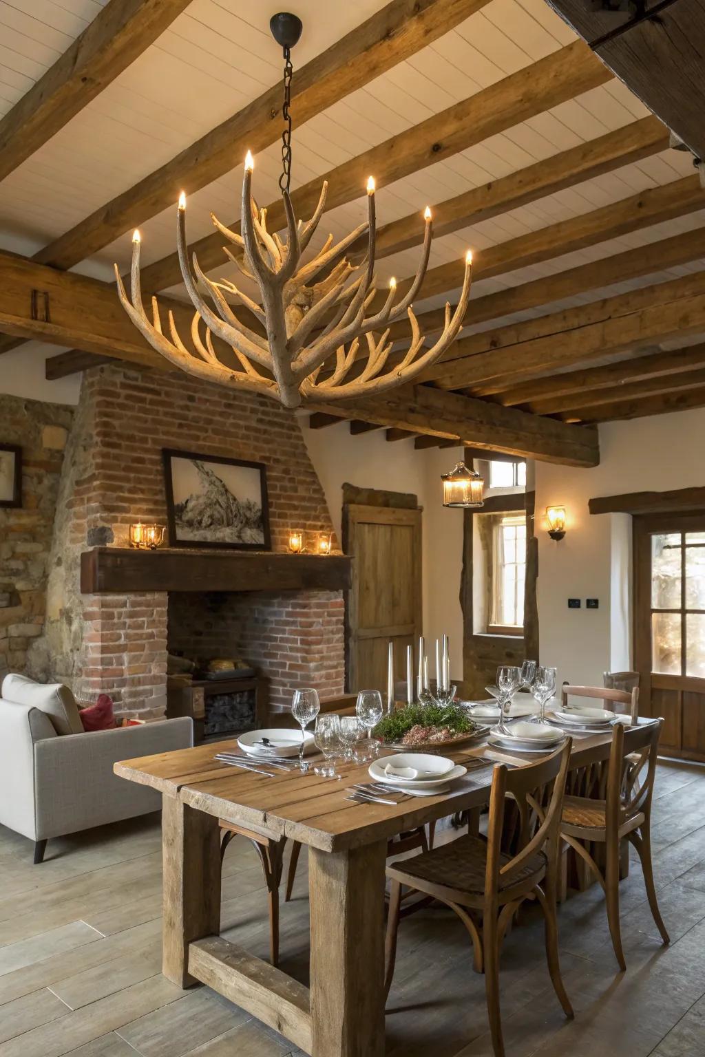 An animal horn chandelier creates a striking feature.