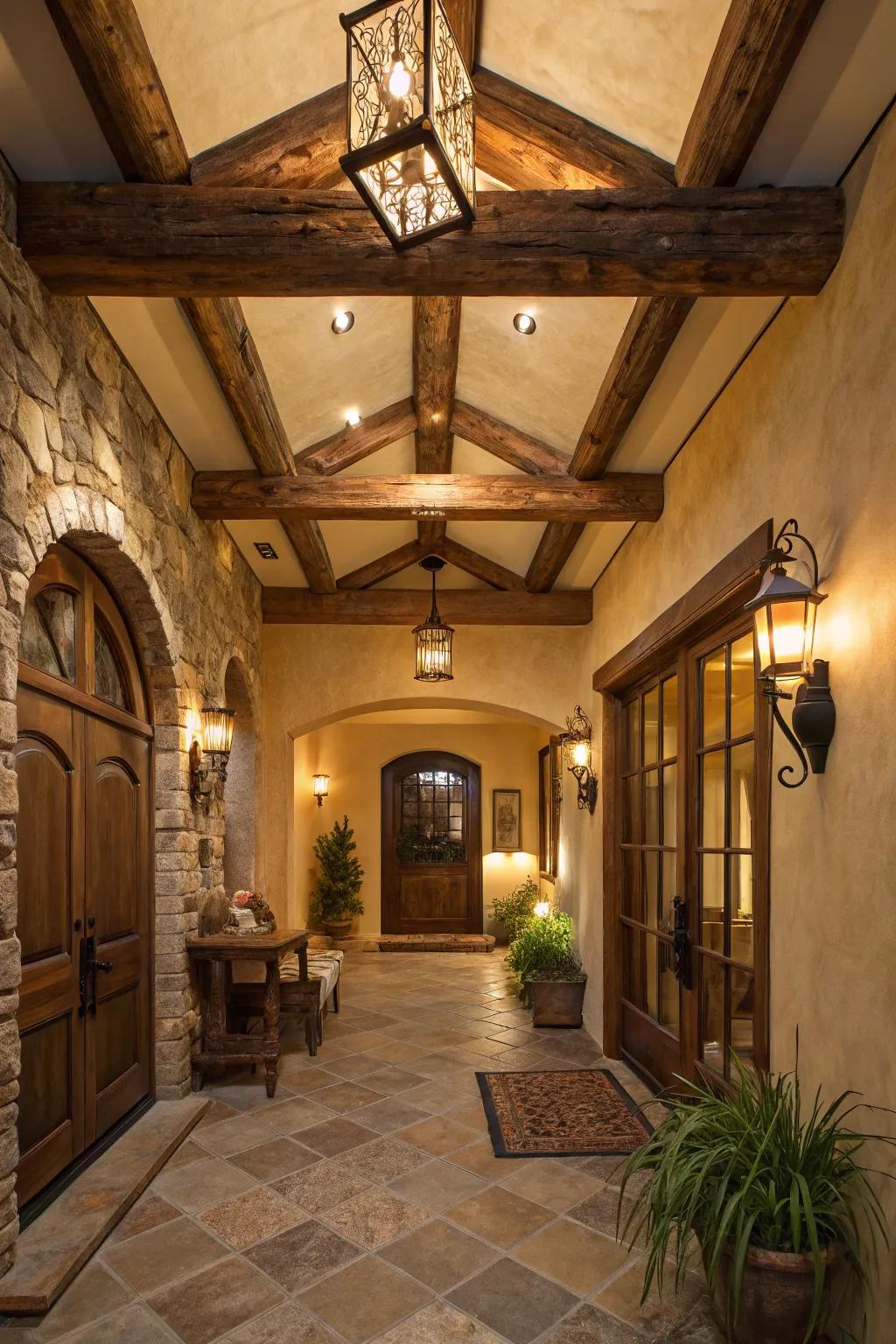 A countryside entryway enhanced by the presence of roof supports.