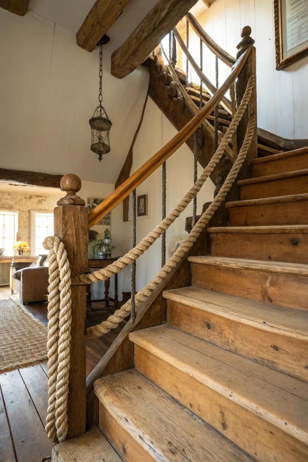 Rustic rope banisters create a unique farmhouse look.