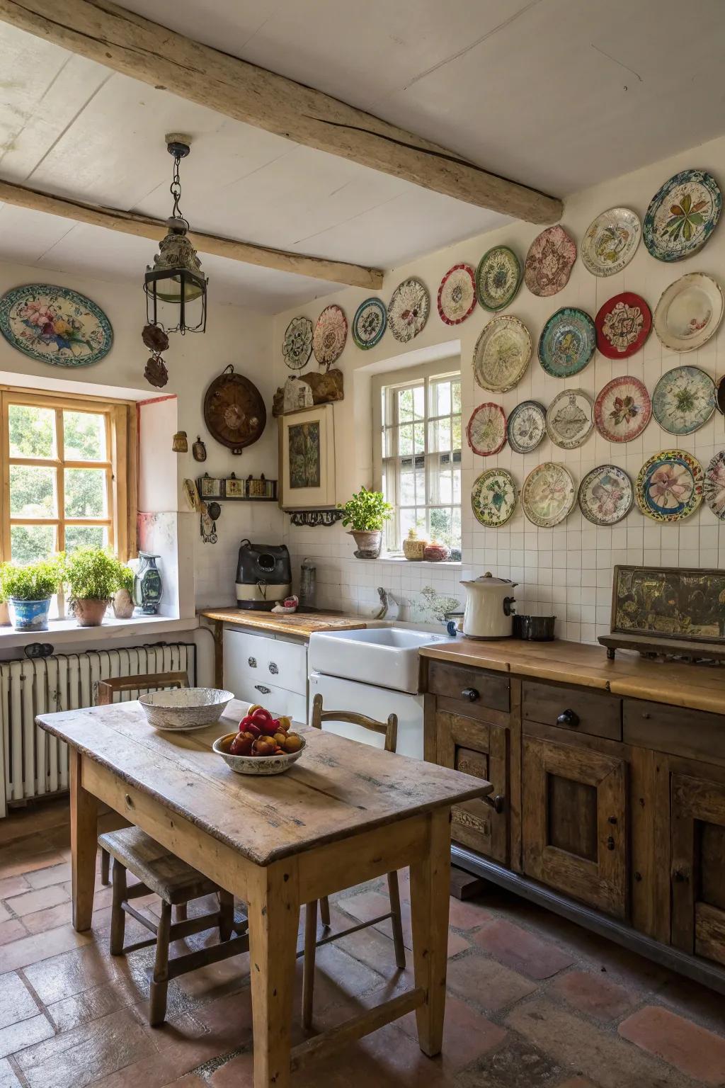 Charming plate displays adding color and pattern to a farmhouse cooking area.