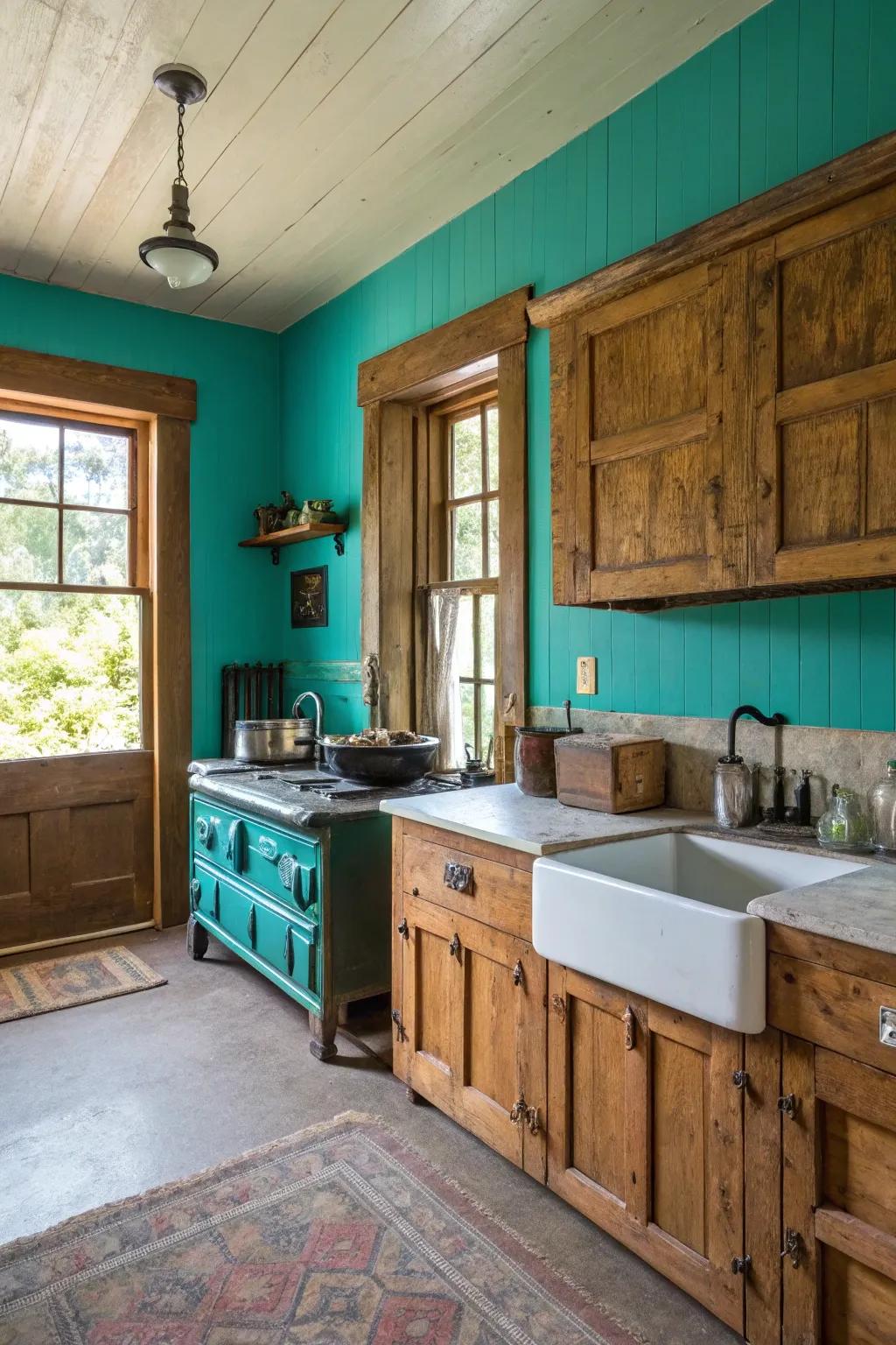 A farmhouse kitchen featuring bold teal feature walls.