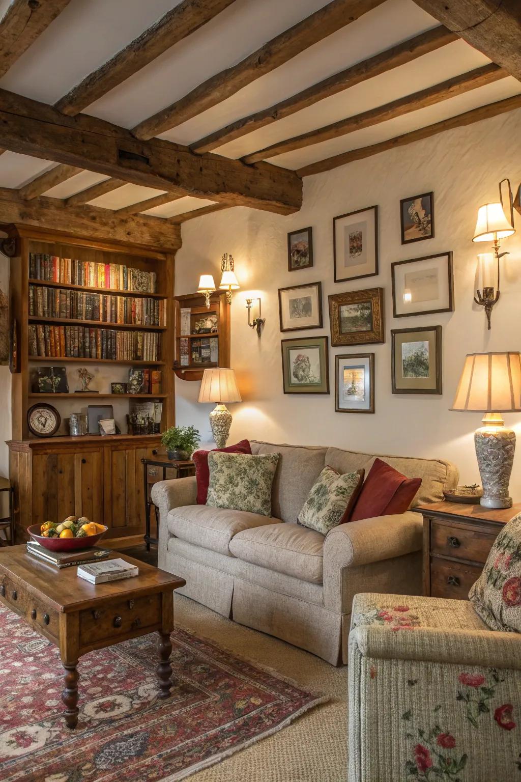 Country-style wall decorations add personality and focal points to this living space.