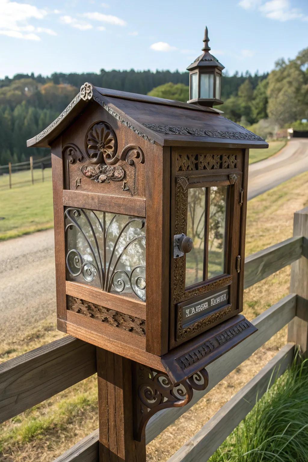 Artisan details transform this farmhouse mailbox into a piece of art.