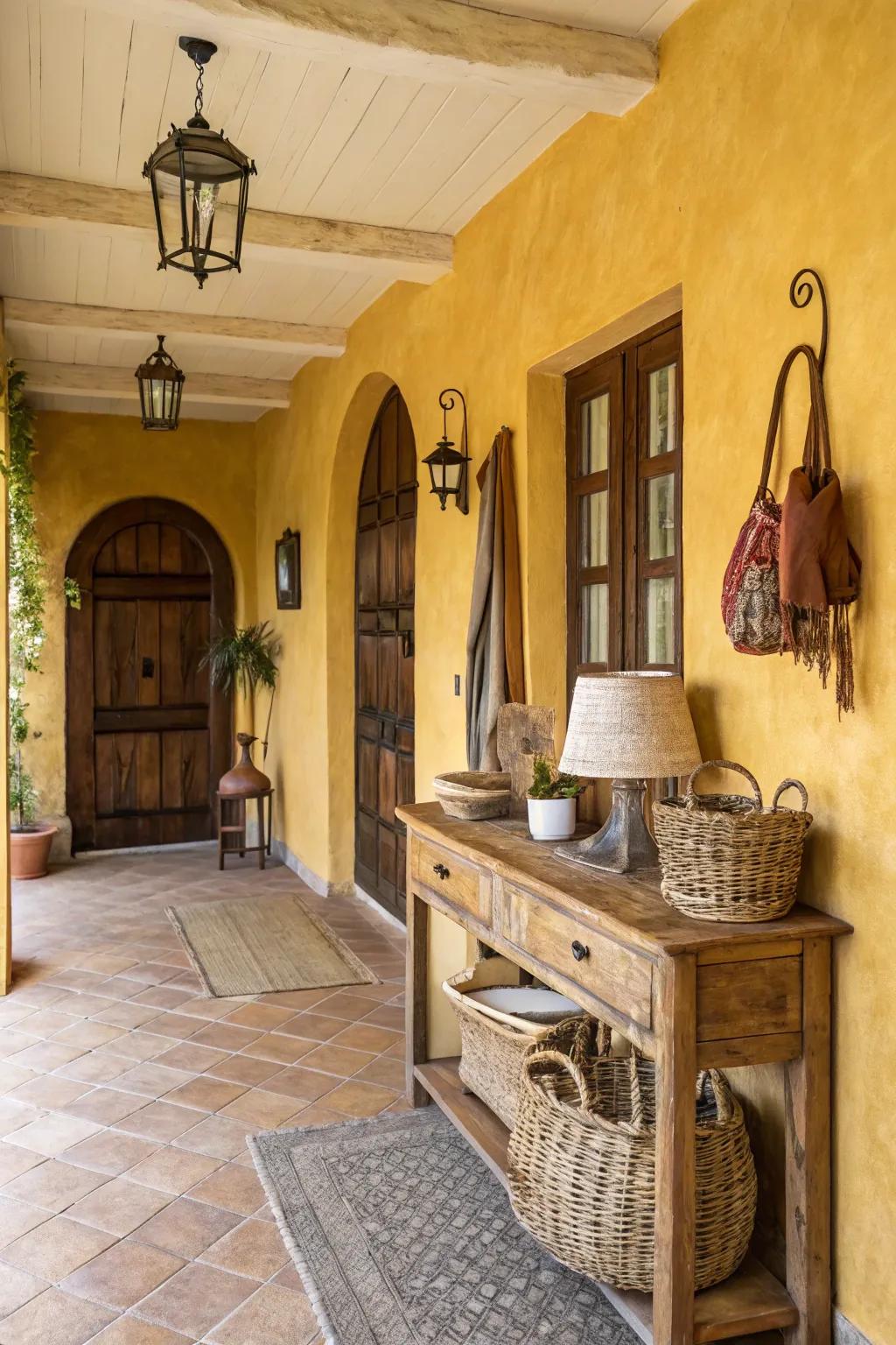 Gold yellow walls create a sunny, welcoming entryway.