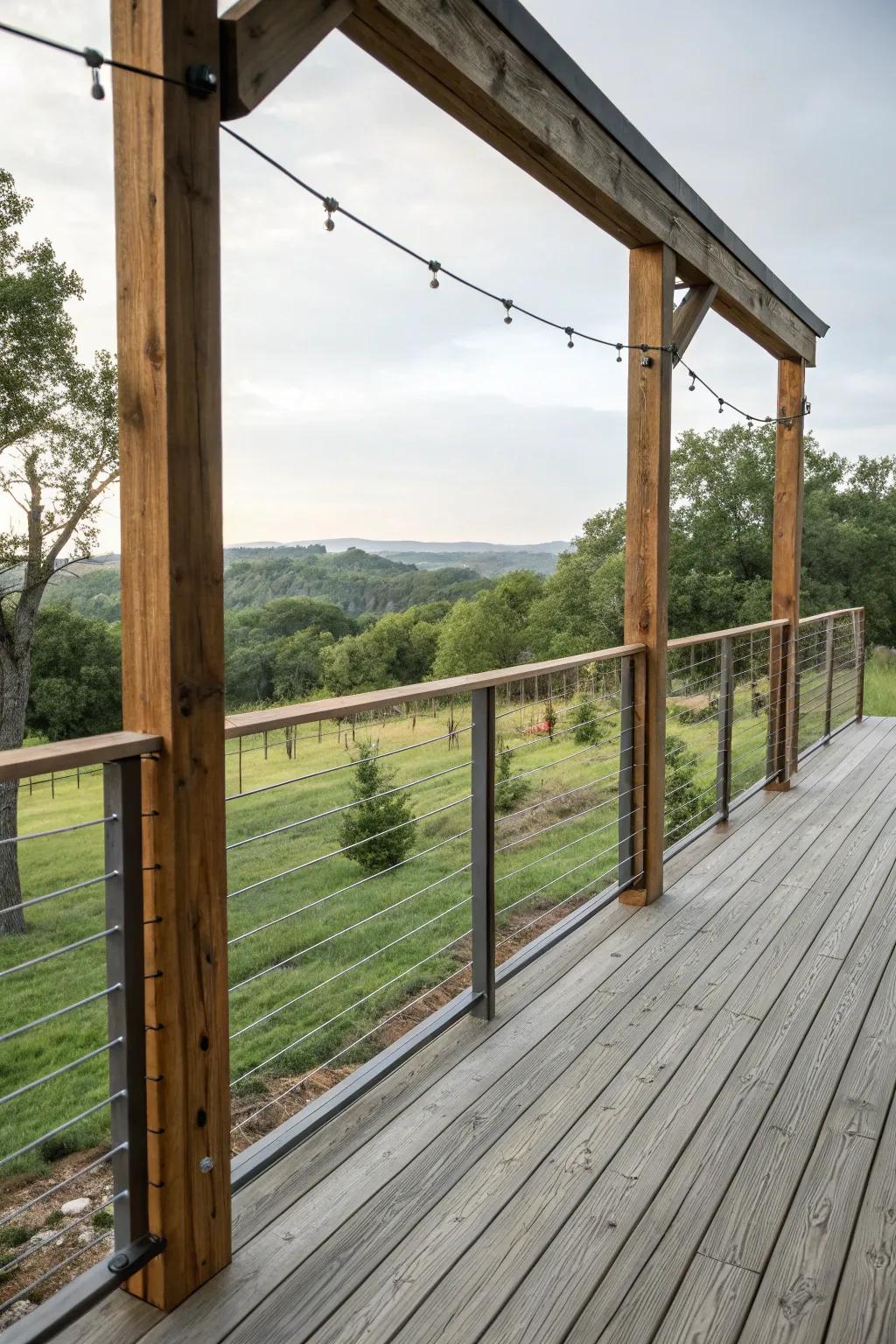 Sleek and modern: Wire railings with timber posts.