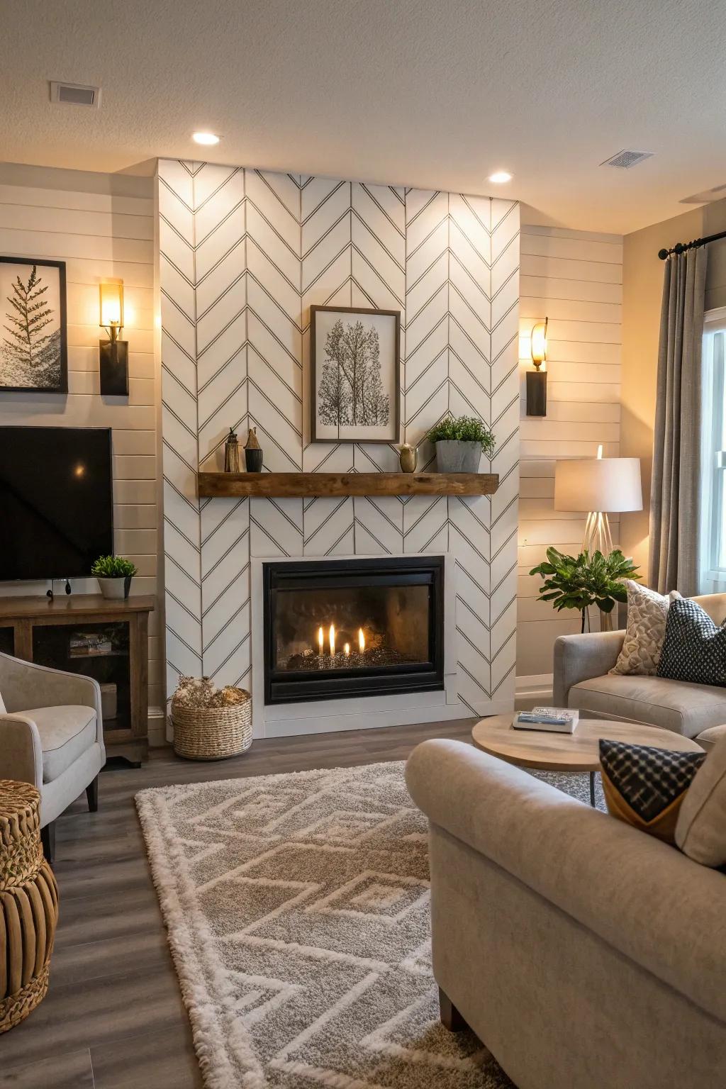 Chevron patterns introduce a modern spin to traditional plank paneling.