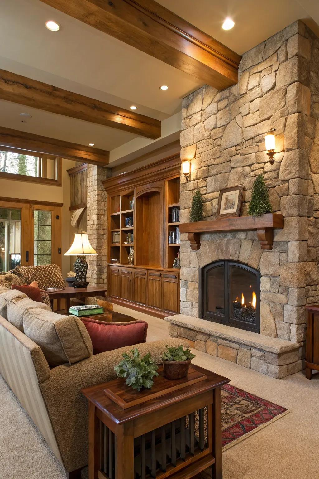 Nature-inspired wooden accents and stone features adding warmth to the living room.