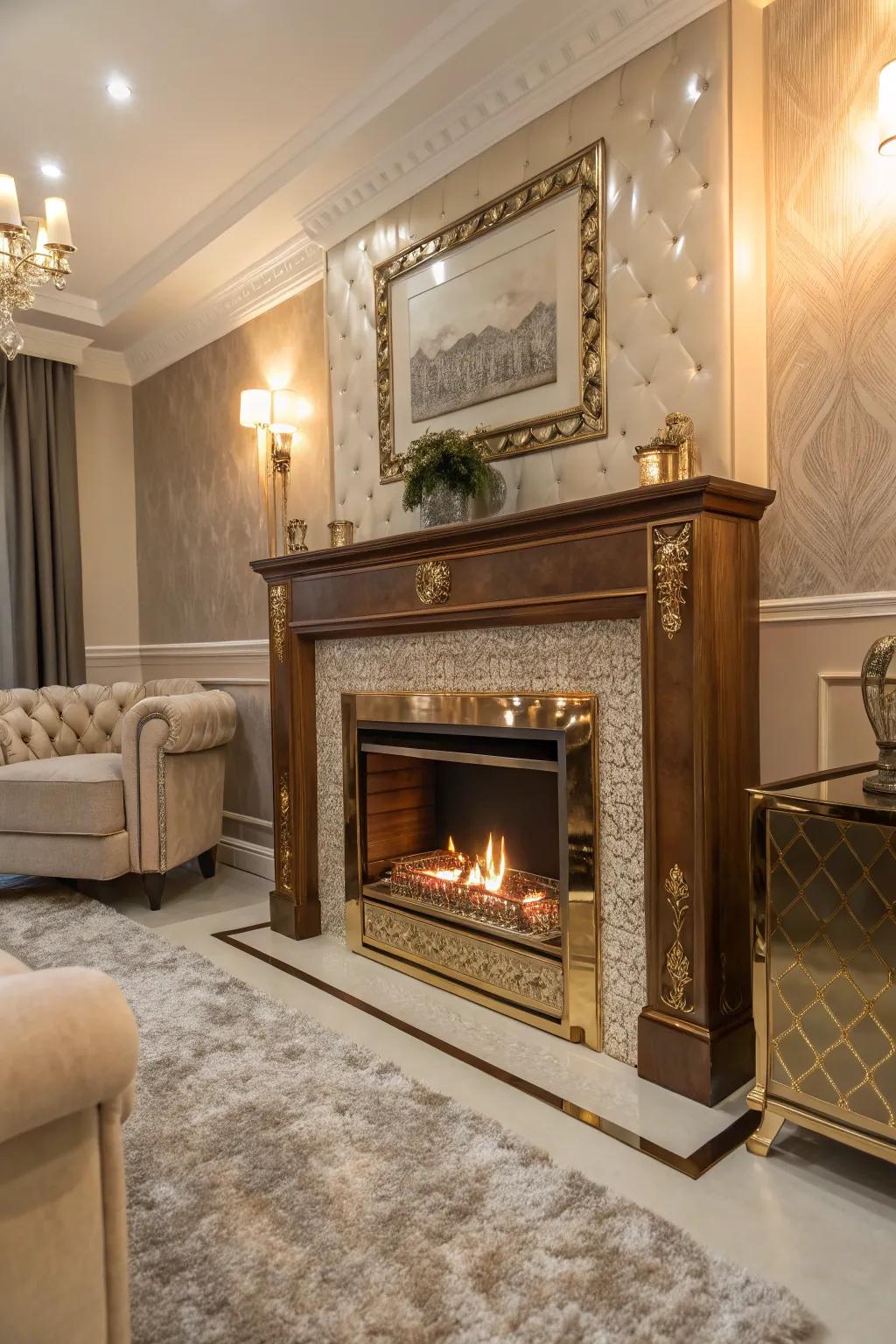 Introduce a hint of opulence with shimmering elements around your fireplace.