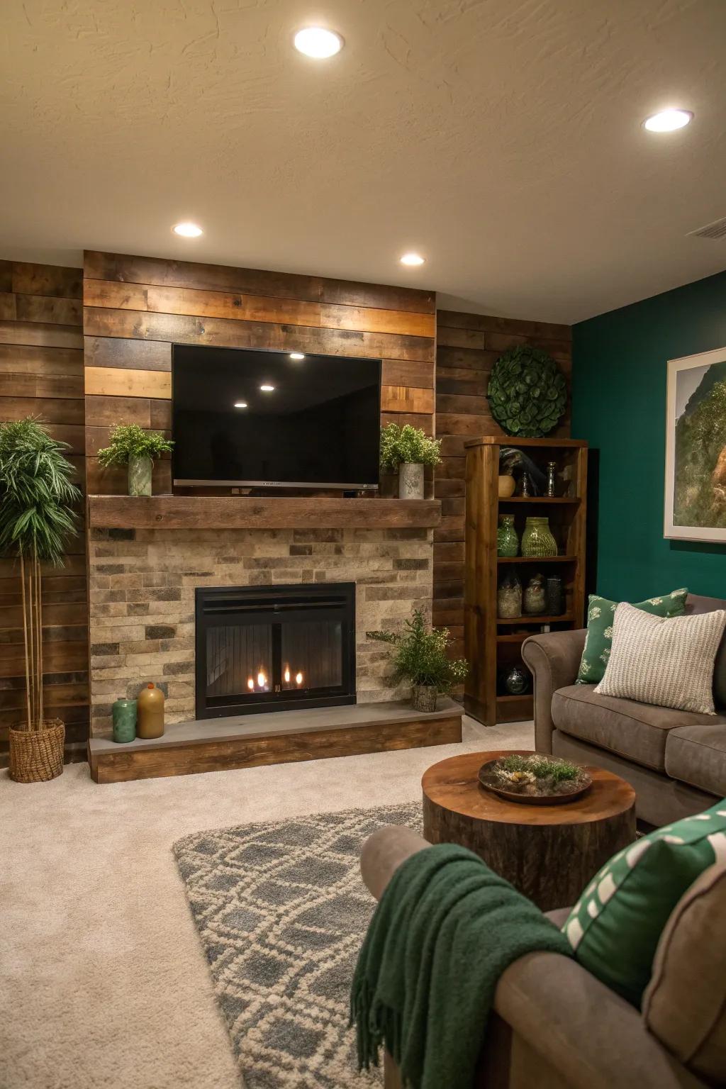 Make an eco-friendly declaration with a repurposed timber fireplace TV wall.