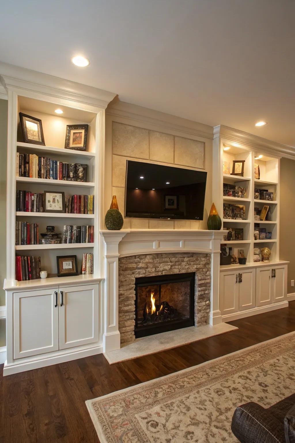 Family room showcasing symmetrical built-ins surrounding a fireplace wall and TV.