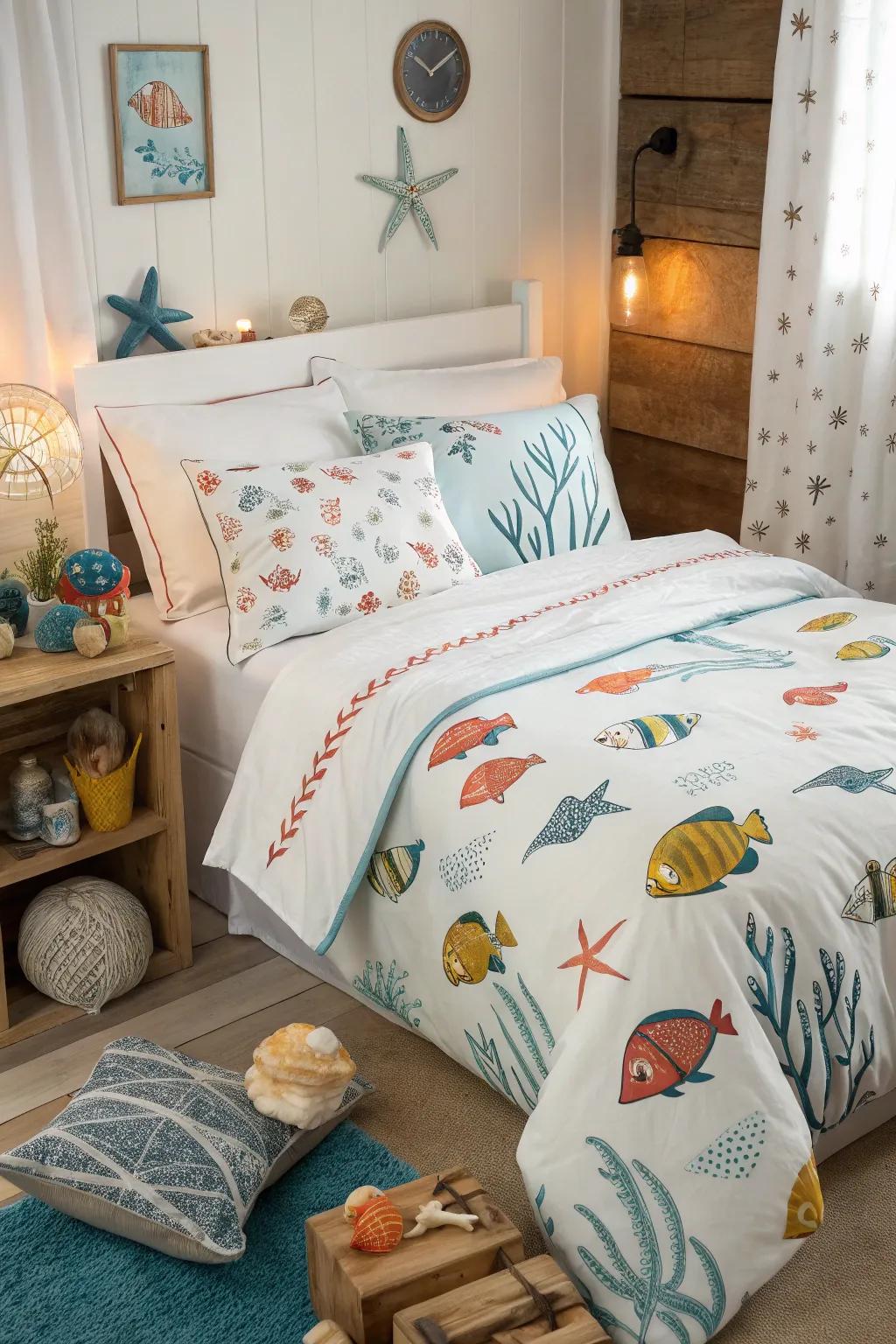 Bedding with a fish motif contributes a whimsical element to your slumber space.