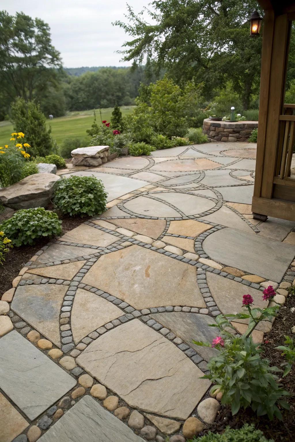 A creative flagstone patio showcasing inventive designs.