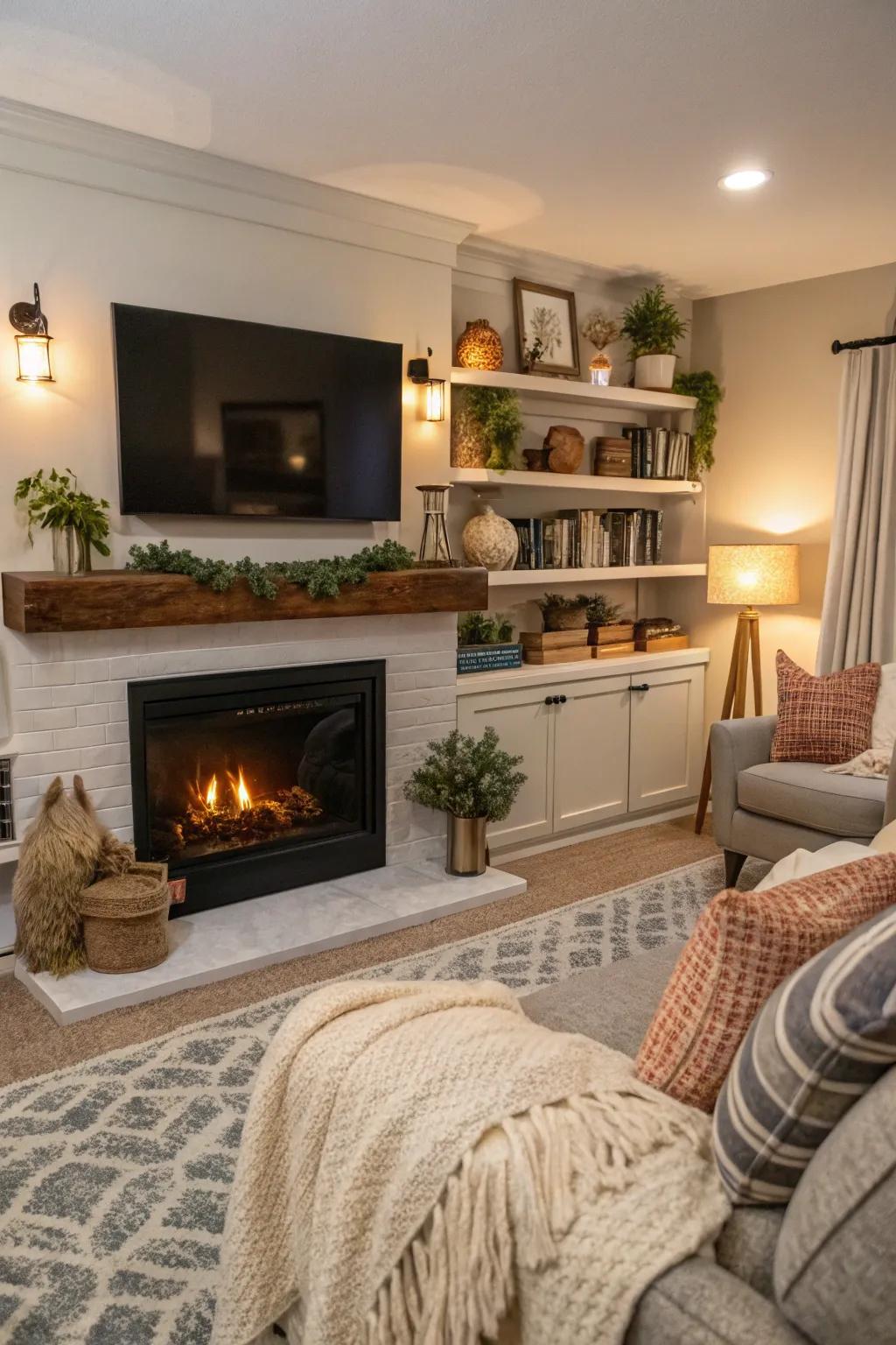 Warmth from fireplace and shelves.