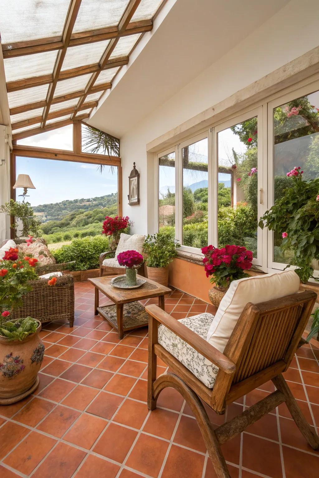Terracotta tiles infuse the area with warmth and rustic charm.