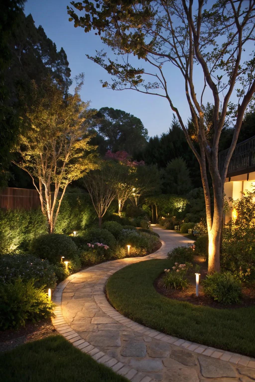 Exterior lighting beautifully transforms gardens at night.