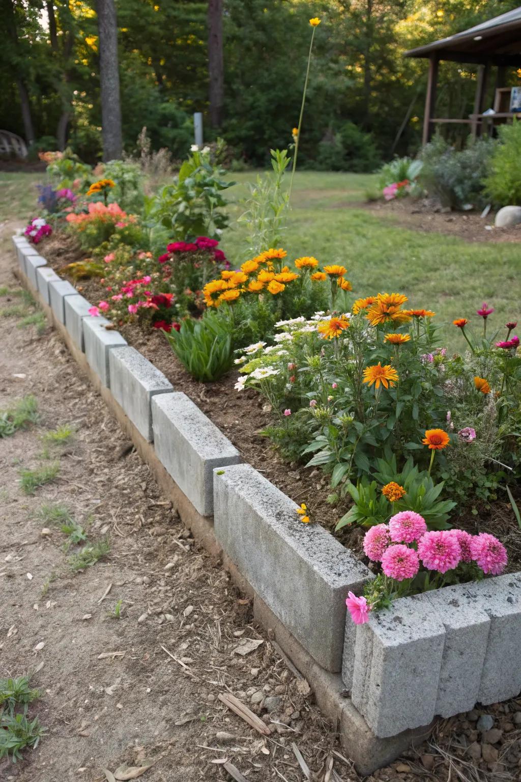 Cinder blocks rendering a sturdy and rustic flower bed border.