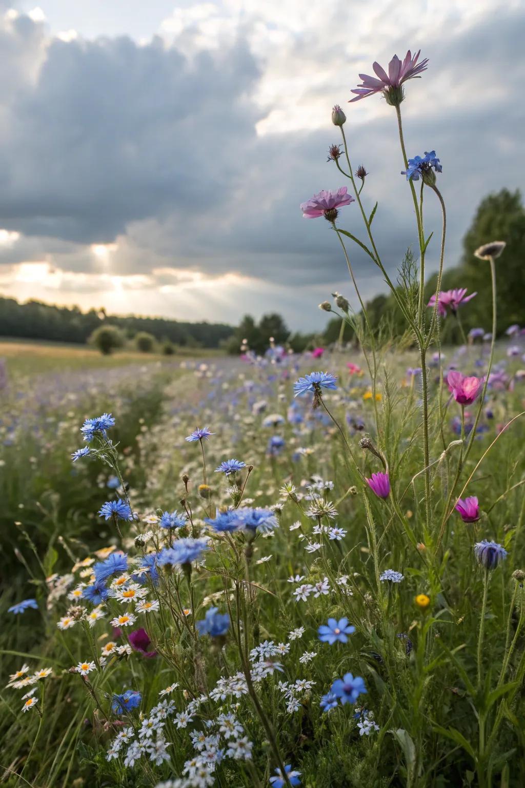 Untamed bloom prairies with forget-me-nots extend rustic charm.