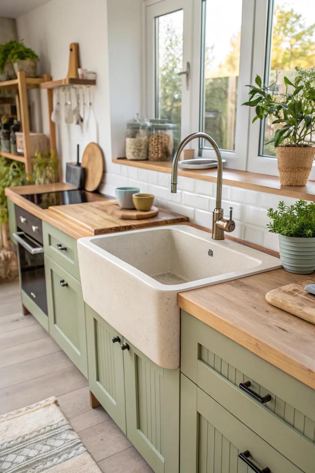 An eco-friendly kitchen showcasing a sustainably made unattached sink.
