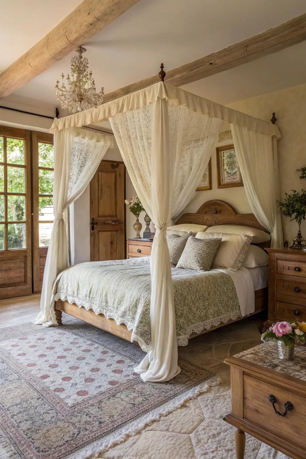 A draped bed adds a romantic and regal touch.
