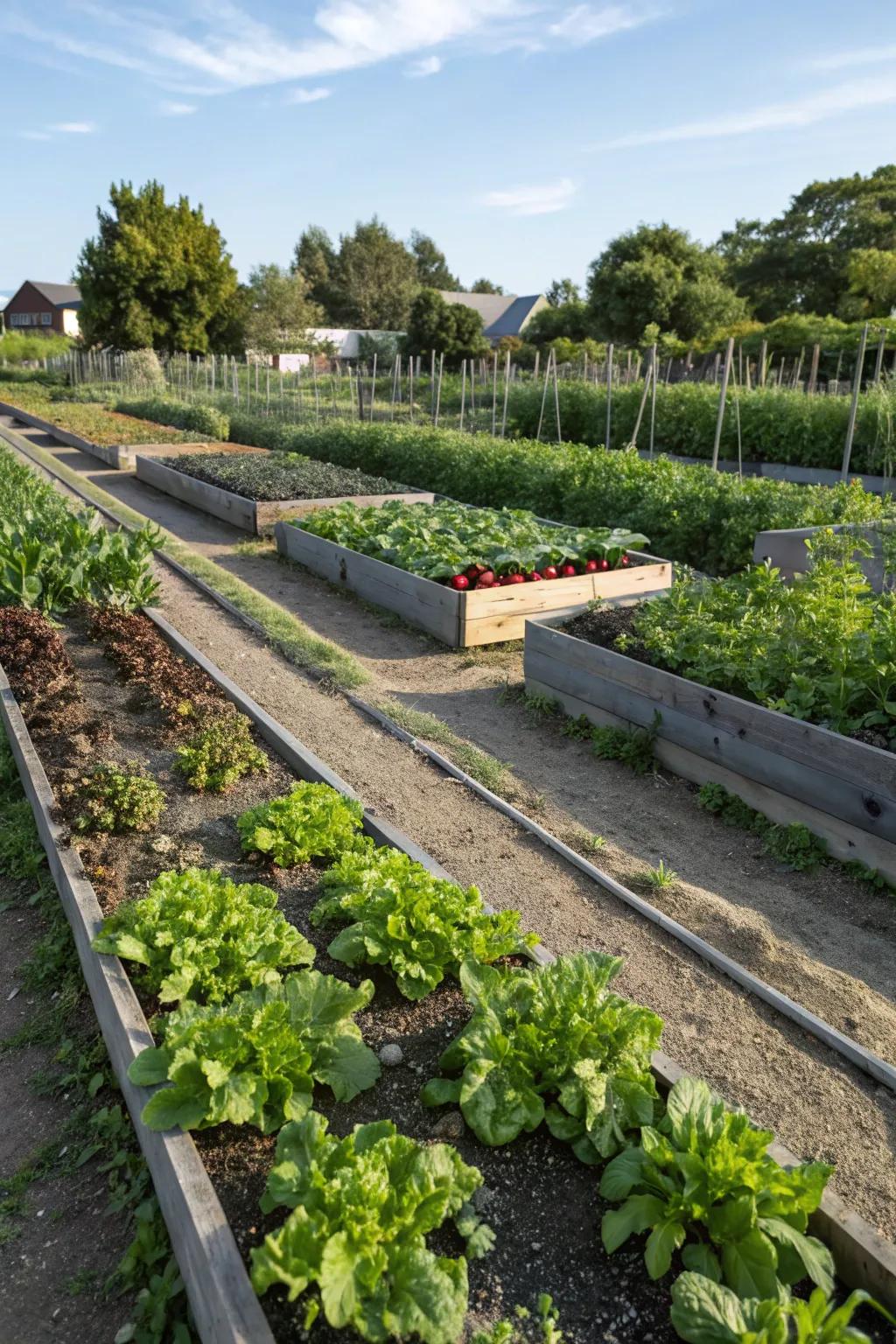 A productive vegetable garden thriving thanks to well-draining soil near a drainage system.