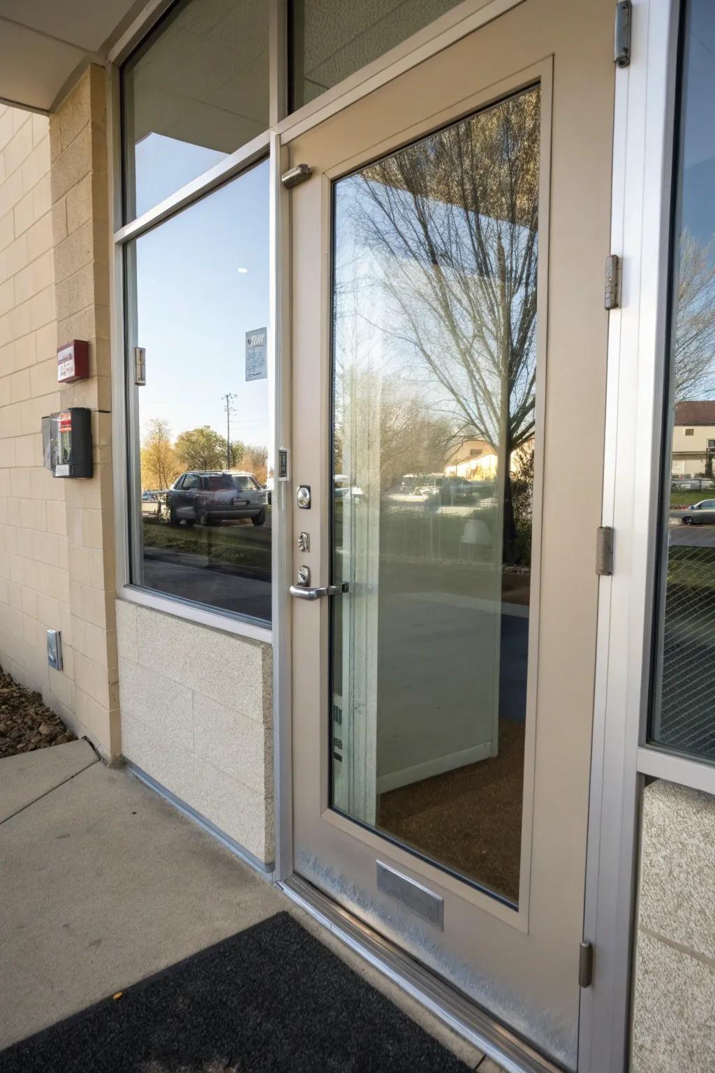 A front door using one-way mirror film for enhanced privacy.