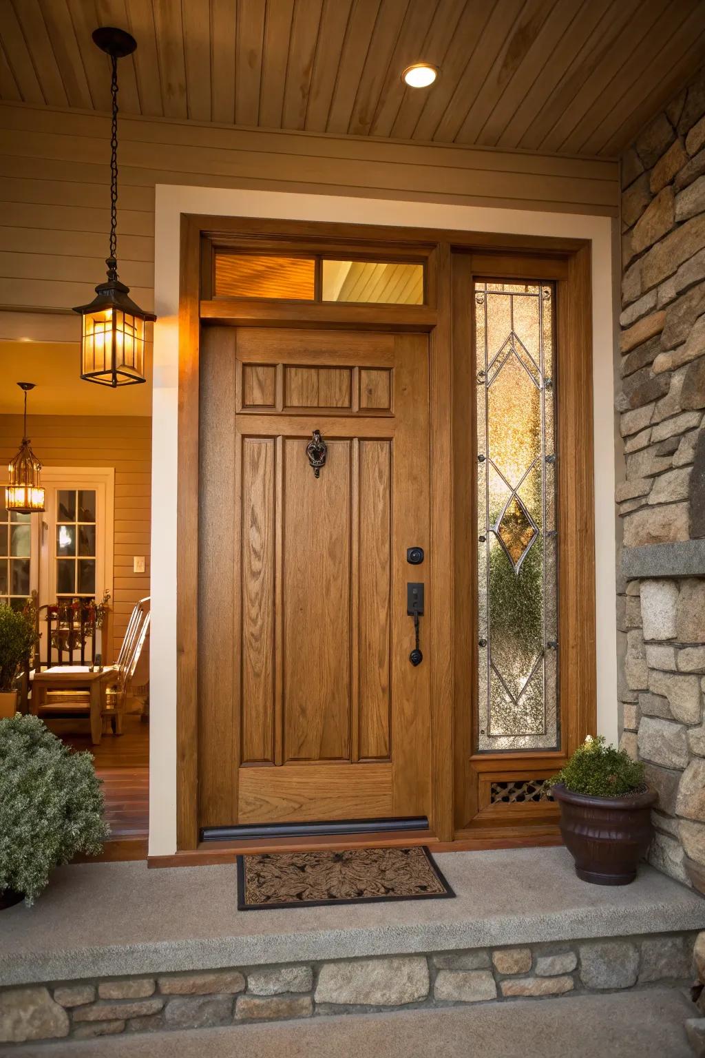 Warm wood textures create an inviting and cozy entrance.