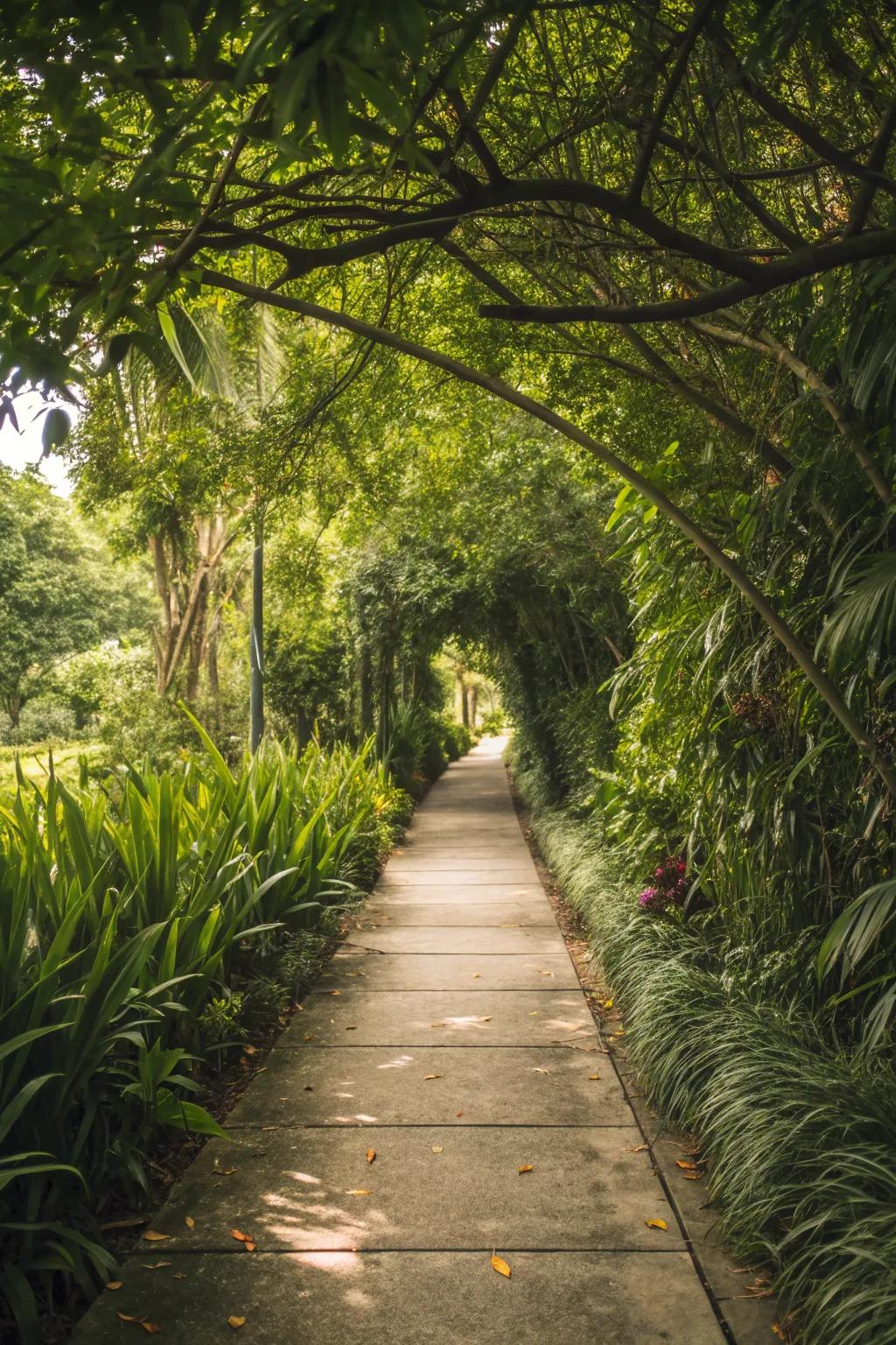 A verdant walkway bordered with rich, natural plantings.