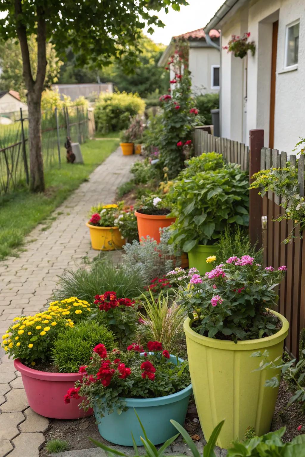 Containers provide planting versatility and allow for easy seasonal changes.