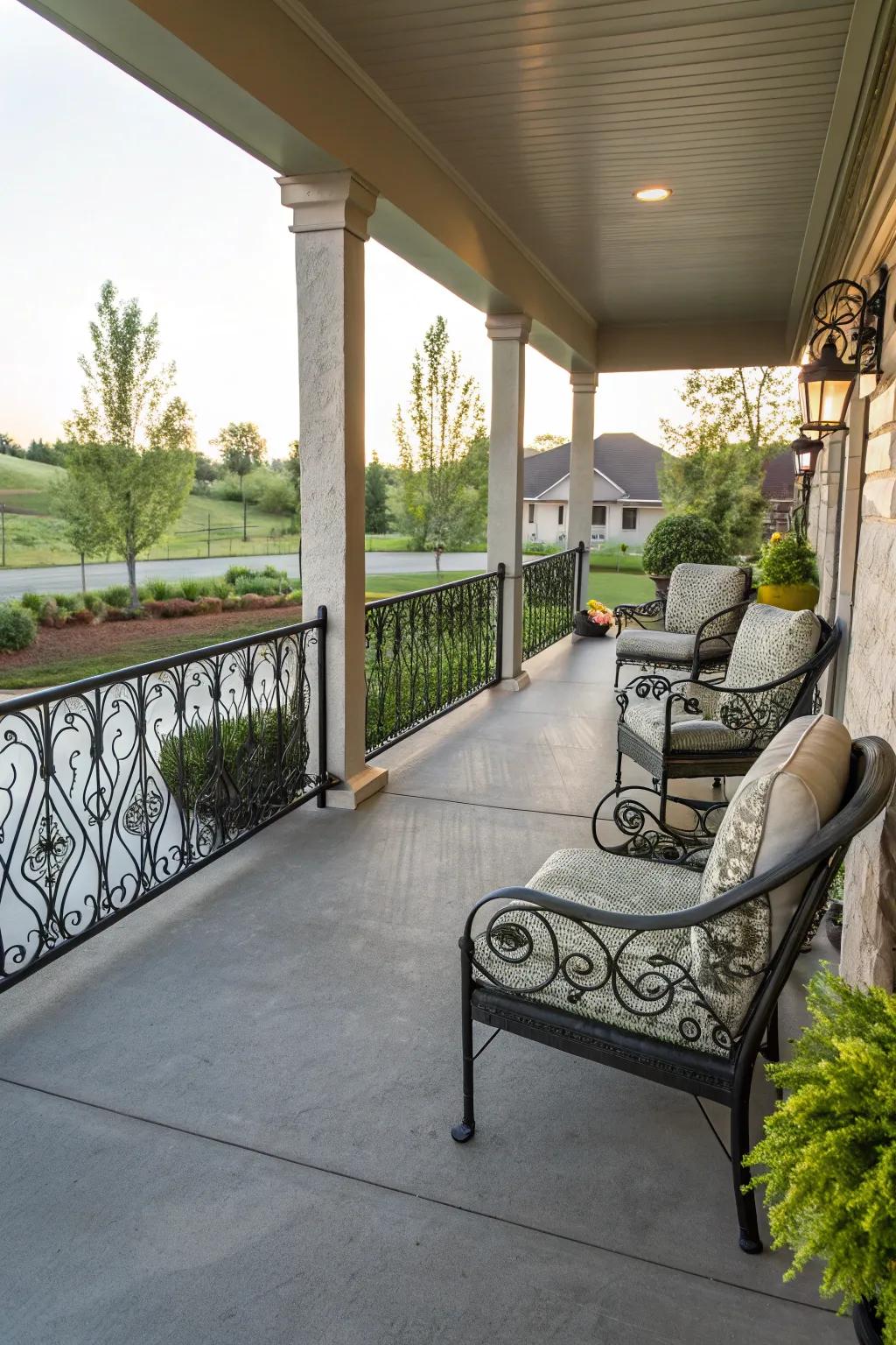 Decorative fencing enhances porch aesthetics.