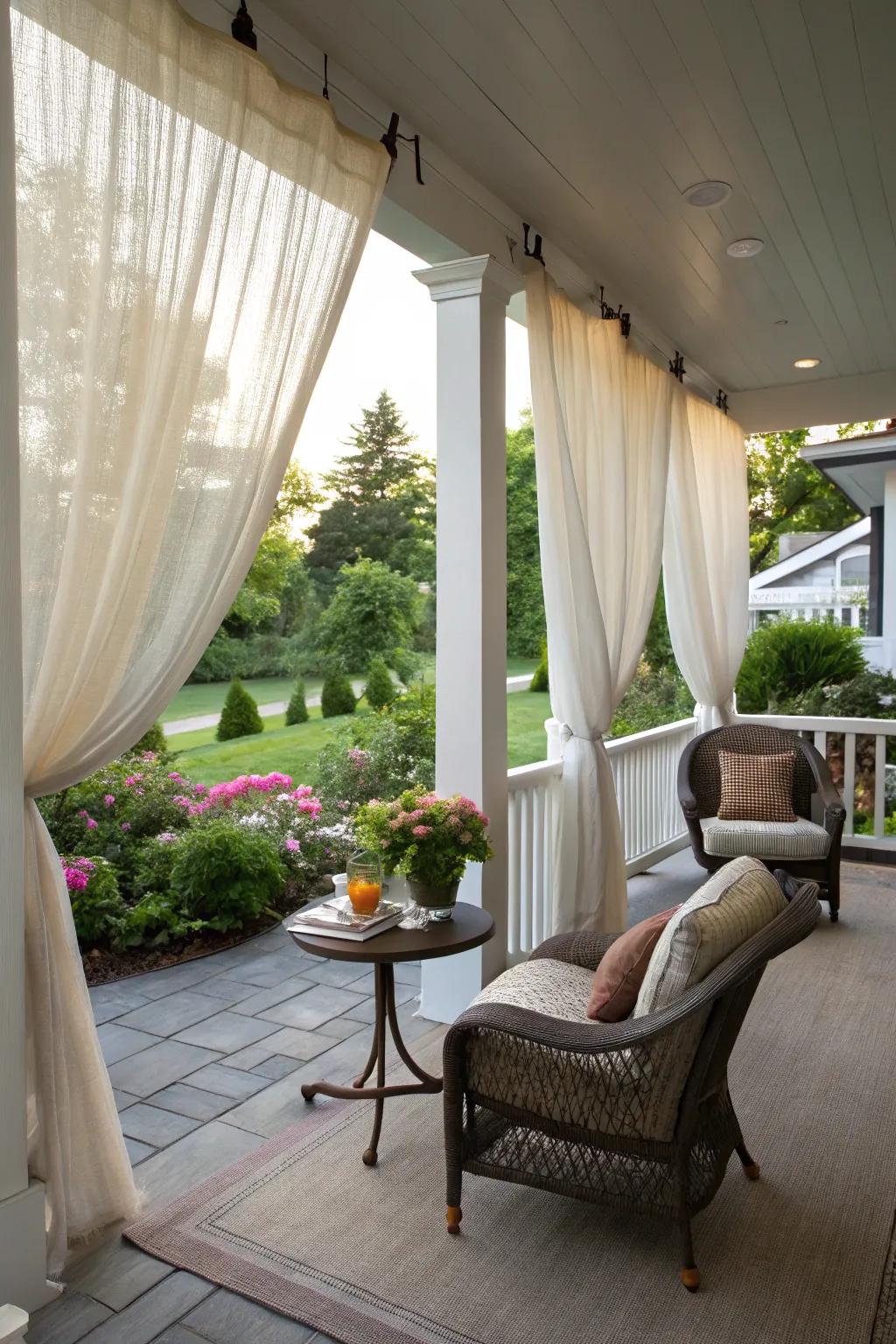Exterior fabric panels provide privacy and elegance to your porch.