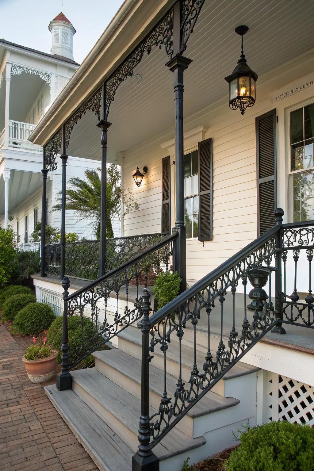 Dark metal railings provide a striking contrast and sophisticated touch.