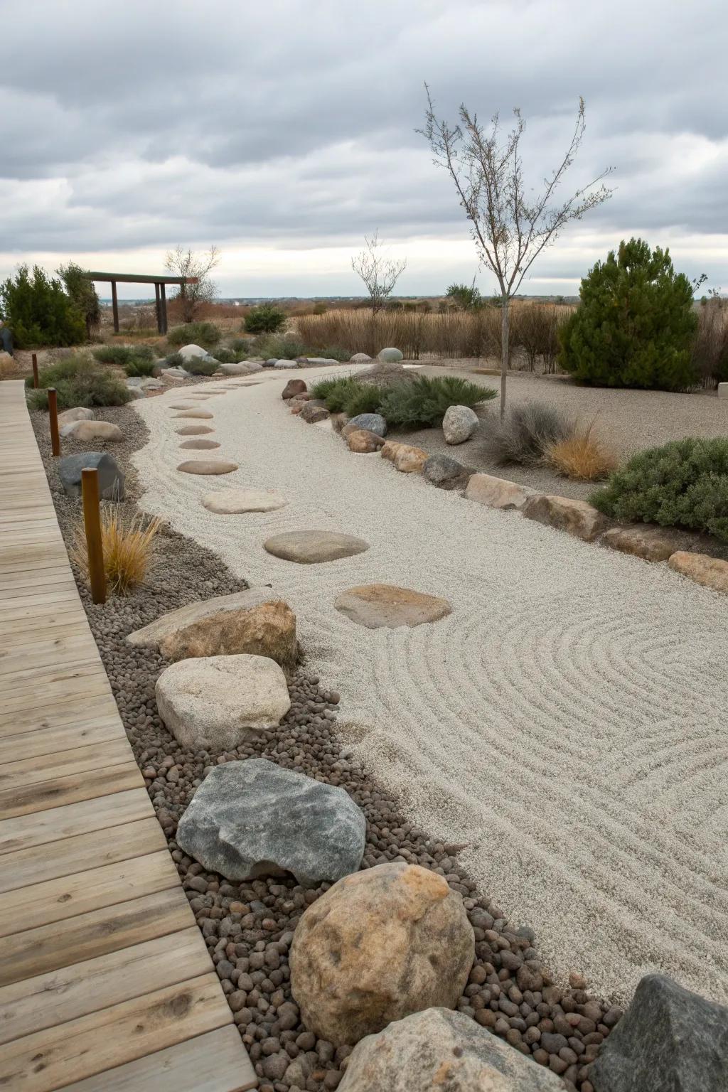 Zen garden aspects inject tranquility into your dry streambed landscape.