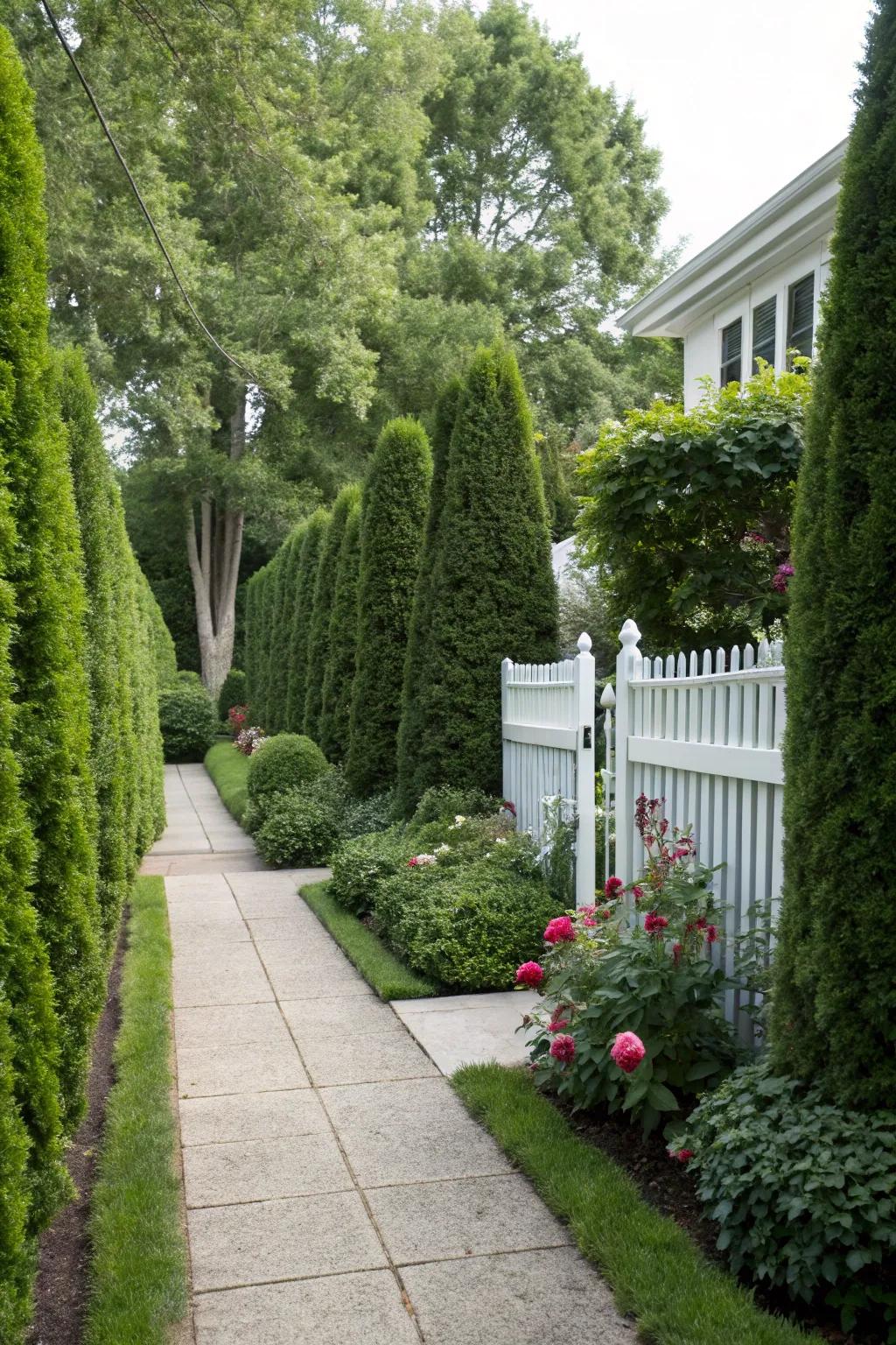 Protective hedges create a secluded and intimate environment.