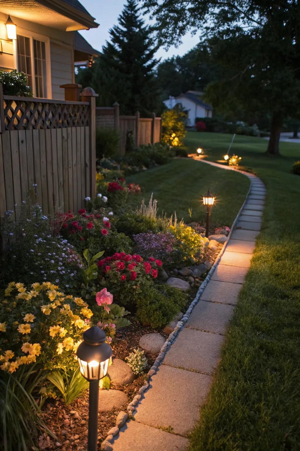 Create an evening sparkle using lighting in your growing spaces.